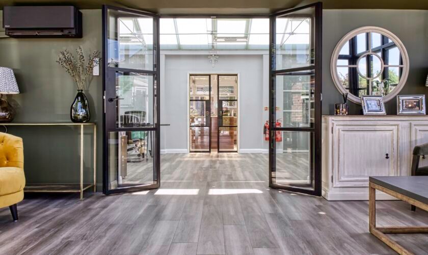 Glazing bars for aluco steel look internal doors, French doors design, showing doors in a brick opening for aluminium vs steel article