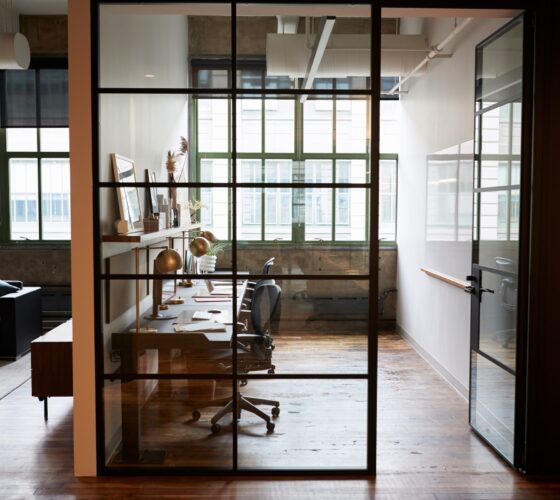 picture of a home office with glass dividers