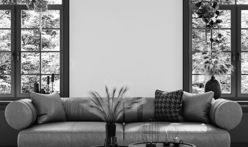 aluco steel look windows in a black industrial style and living room setting