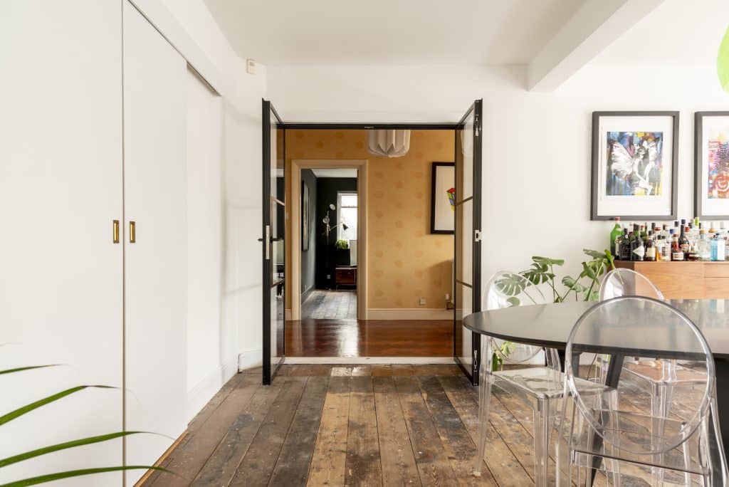 Black internal steel look doors in a stylish dining room