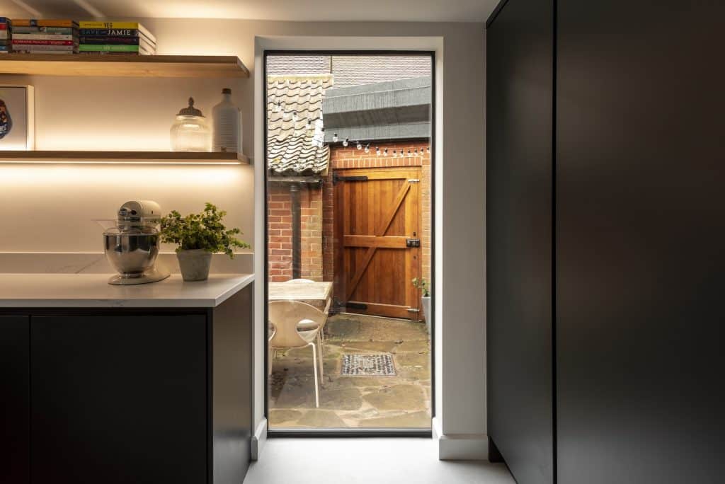 Full height picture window in a kitchen