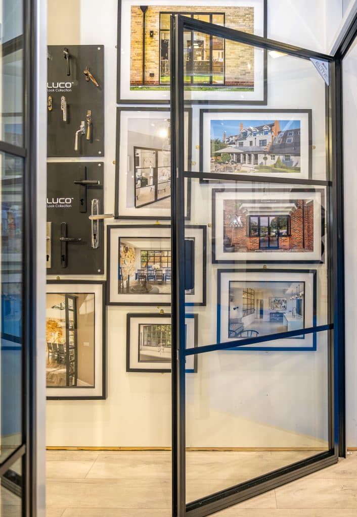 partially open Aluco slimline internal door on an exhibition stand