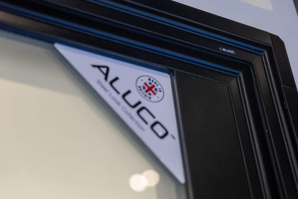 close up of Aluco steel look front door at exhibition in London