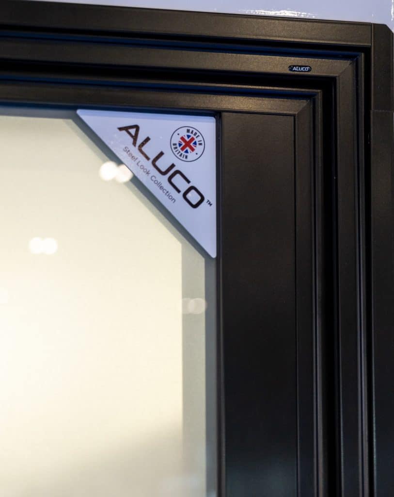 close up of Aluco steel look front door at exhibition in London