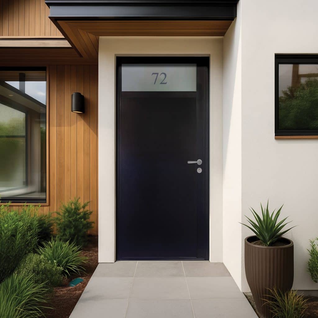 solid panel steel look front door in black with glazed toplight on houe front path