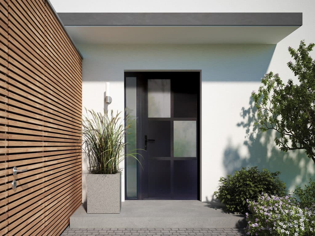 aluco steel look front door in a contemporary house setting